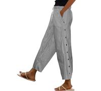 EMUKFD Linen Trousers Women Petite Linen Trousers Drawstring Lightweight Palazzo Pants Ladies Casual Striped Capris Pockets Holiday Beachwear Elasticated Waist Cropped Trouser Work Slacks