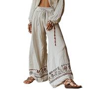 EMUKFD Loose Trousers for Women UK Breathable Linen Wide Leg Elasticated Waist Bohemian Lounge Joggers Lightweight Baggy Holiday Palazzo Pants Retro Printed Floaty Trouser Khaki Trousers