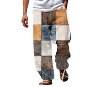 EMUKFD Mens Casual Linen Pants, Color Block Pants 3D Novelty Print Trousers Loose Fit Elastic Drawstring Pants Summer Yoga Beach Long Pants Hippie Yoga Beach Pants Y2K Straight Leg Pants