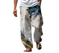 EMUKFD Mens Linen Pants Tribal Patchwork Print Aztec Loose Tapered Trouser Pants Men's Patchwork Summer Festival Hippy Casual Trousers