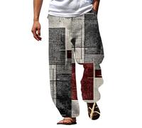 EMUKFD Mens Linen Pants Tribal Patchwork Print Aztec Loose Tapered Trouser Pants Men's Patchwork Summer Festival Hippy Casual Trousers