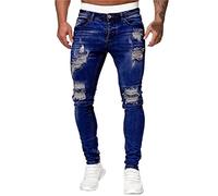 EMUKFD Mens Skinny Super Stretch Fit Ripped Denim Jeans All Waist Sizes Dark Blue