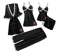EMUKFD Pajamas for Women Lace Trim Satin Pajama Sets 4 Pieces /5 Pieces Pyjamas Sexy Sleepwear Lounge Silk Nightdress Robe Pj Set
