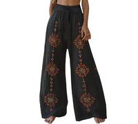 EMUKFD Petite Trousers Women Short Leg Linen Wide Leg Elasticated Waist Bohemian Lounge Joggers Baggy Holiday Palazzo Pants Retro Printed Floaty Trouser Pinstripe Trousers