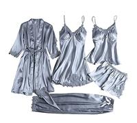 EMUKFD Pjs Nightwear Lace 5Pcs Pajama Womens Silky Set Sleepwear Sexy Set Pajama with 4 Piece Lingerie Set for Women