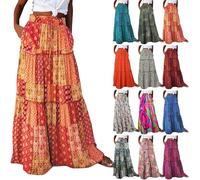 EMUKFD Pleated Skirts for Women Summer Boho Floral Print High Elastic Waist A Line Maxi Skirt Elegant Tiered Flowy Beach Vacation Long Skirts Pockets Bohemia Long Dresses