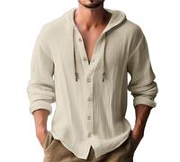 EMUKFD Sudaderas con Capucha de lino de algodón para Hombre, Camisas Casuales con Capucha de Manga Larga de otoño con solapa Frontal y Cuello con botones