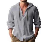 EMUKFD Sudaderas con Capucha de lino de algodón para Hombres con cordón con Capucha y botones para Playa Hippie Camisa Casual Ligera Suave Manga Larga Blusa Tops