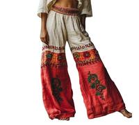 EMUKFD Summer Clothes for Women Linen Wide Leg Elasticated Waist Bohemian Lounge Joggers Baggy Holiday Palazzo Pants Retro Printed Floaty Trouser Tapered Linen Trousers Womens