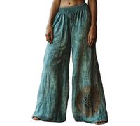 EMUKFD Summer Clothes for Women Linen Wide Leg Elasticated Waist Bohemian Lounge Joggers Lightweight Baggy Holiday Palazzo Pants Retro Printed Floaty Trouser Checked Trousers