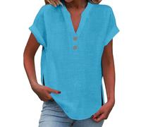 EMUKFD Tops for Women UK Plus Size Cotton Linen T-Shirt Short Sleeve Summer Casual Tops Loose Ladies Fashion Dressy Blouses Button Up V Neck Light Weight Floaty Tunics Boho Hippie Shirt Leisurewear
