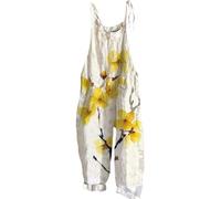 EMUKFD Wide Leg Jeans for Women UK Dungarees Boho Print Jumpsuit Floral Loose Fit Playsuits Cotton Linen Summer Beach Sleeveless Rompers Bib Overalls Baggy Casual Holiday Trousers Leisure Wear