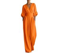 EMUKFD Wide Leg Jumpsuits for Women Orange Jumpsuit for Women Uk Elegant Short Sleeve V Neck High Waist Romper Playsuit Linen Casual Wide Leg Jumpsuits Holiday formal Outfits Made In Italy Clothing