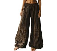 EMUKFD Wide Leg Trousers Breathable Linen Elasticated Waist Bohemian Lounge Joggers Lightweight Baggy Holiday Palazzo Pants Retro Printed Floaty Trouser Nurse Trousers