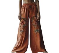 EMUKFD Wide Leg Trousers Linen Wide Leg Elasticated Waist Bohemian Lounge Joggers Baggy Holiday Palazzo Pants Printed Floaty Trouser Cuffed Leg Wide Leg Trousers for Women UK