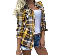 EMUKFD Women Western Long Sleeve Shirts Button Down Classic Plaid Spring Fall Dress Work Collared Blouses Vintage Checked Tops Lightweight Casual Cowgirl Flannel Shackets Teen Girls Clothes Yellow