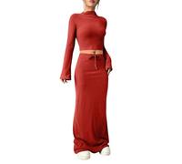 EMUKFD Women's 2 Piece Outfits Skirt Sets Y2K Sexy Long Sleeve Tops Bodycon Maxi Skirt Co Ord Sets Autumn Winter Party Club Going Out Travel Outfit Work Office Lounge Wear Red