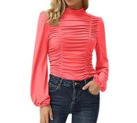 EMUKFD Womens 2023 Long Sleeve Casaul High Neck Puff Long Sleeve Fashion Loose Fit Shirts Tops Blouses Ruched Pullover