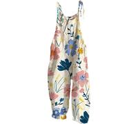EMUKFD Women's Dungarees Wide Leg Boho Print Jumpsuit Floral Loose Fit Playsuits Cotton Linen Summer Beach Sleeveless Rompers Bib Overalls Breathable Baggy Casual Holiday Trousers Leisure Wear
