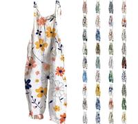 EMUKFD Womens Dungarees Wide Leg Boho Print Jumpsuit Floral Loose Fit Playsuits Cotton Linen Summer Beach Sleeveless Rompers Bib Overalls Breathable Baggy Casual Holiday Trousers Leisure Wear