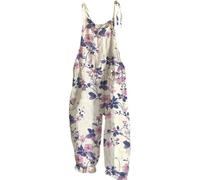 EMUKFD Women's Dungarees Wide Leg Boho Print Jumpsuit Floral Loose Fit Playsuits Cotton Linen Summer Beach Sleeveless Rompers Bib Overalls Breathable Baggy Casual Holiday Trousers Leisure Wear