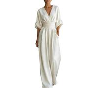 EMUKFD Womens Linen Blend Jumpsuit Summer Elegant Lightweight Short Sleeve V Neck High Waist Romper Playsuit with Pockets Plain Casual Wide Leg All In One Jumpsuits Ladies Comfy Holiday formal Outfits