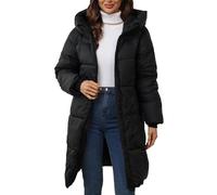 EMUKFD Womens Long Quilted Down Coat Mid Length Long Sleeve Puffer Jacket Warm Hooded Padded Coat Thicken Winter Cold Weather Outdoor Windproof Thermal Outerwear Pockets Parka Windbreaker Black