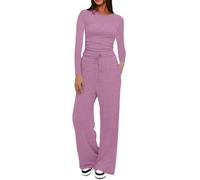 EMUKFD Womens Loungewear 2 Piece Y2K Sets Fall Going Out Outfit Long Sleeve Crewneck Basic Pullover Top Wide Leg Athletic Pants Pockets Yoga Gym Joggers Co Ord Set Workout Sweatsuits Pink