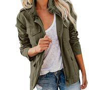 EMUKFD Women's Military Anorak Jacket Zip Up Snap Buttons Lightweight Safari Utility Coat Outwear With Pockets