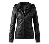 EMUKFD Womens Real Leather Jacket Detachable Hoodie Biker Style Brooke Black