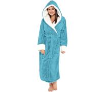 EMUKFD Womens Robe Hooded Soft Warm Spa Flannel Bathrobes Housecoat Ladies Plush Fleece Thick Sleepwear Long Pajamas Nightgown Fall Winter Thermal Cozy Loungewear Dressing Gown Blue