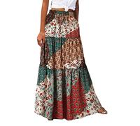EMUKFD Women's Skirts Summer Boho Floral Print High Elastic Waist A Line Maxi Skirt Pleated Tiered Flowy Beach Vacation Long Skirts Pockets Bohemia Vintage Party Long Dresses