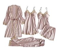 EMUKFD Women's Sleepwear Pajamas 4 Piece Pajama Set Long Sleeve Satin Floral Lace Cami Top Lingerie Pajama Set with Robe