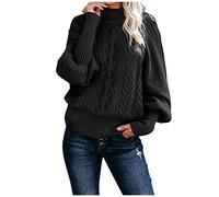 EMUKFD Womens Turtleneck Long Sleeve Cable Knit Sweaters Casual Ribbed Knit Pullover Jumper Top with Lantern Sleeve Fashion Loose Chunky Suéteres de punto por cable de manga larga para mujer(Black,L)