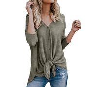 EMUKFD Women's Waffle Knit Tunic Blouse Tie Knot Henley Tops Loose Fitting Bat Wing Plain Shirts Button Down V Neck Long Sleeve Blusa túnica de punto gofre para mujer（Green，L）