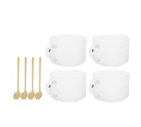 EMUKOEP 4-Piece Glass Mug, Embossed Breakfast Cup in Northern European Style, Transparent Water Milk Tea Cup with Retro Handle (4 Pieces Wave Point Style with 4 Spoons)