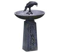EMUKOEP Beware Bird Bath Resin Vintage Haunted Garden Decor with Raven Perched Warning for Outdoors Patio Yard Lawn