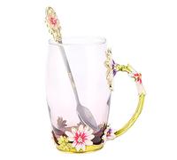 EMUKOEP Handmade Glass Coffee Cup with Spoon for Hot Drinks and Drinks, Suitable for Glass Material for Home and Office, Tea Party (Green Chrysanthemum 350ML)