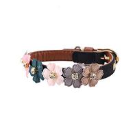 EMUKOEP Pet Cat & Small to Medium Dog PU Leather Collar with Rhinestone Flower, Stylish Adjustable Pet Accessory (1.3 * 42cm)