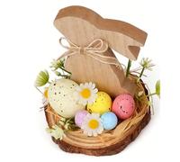 EMUKOEP Wooden Rabbit Figurine Easter Decoration with Colorful Eggs and Artificial Flowers for Fireplace Decoration or Window Sill at Home Party (Colorful)