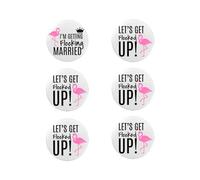Emuworks Hen Party Accessories: Set of 6 Team Bride Badges, Flamingo I am Getting Flocking Married Design, Bachelorette Party Accessories, Hen Party Decorations, 59mm Round Metal