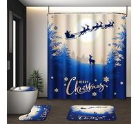 Emvency Christmas Shower Curtain Set with Toilet Lid Cover and Non-Slip Rugs, Xmas Deer Santa Claus Reindeer Bathroom Rug Set 4PC, Winter Blue Bathroom Decor 72" x 72"
