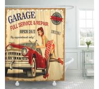 Emvency Decorative Shower Curtain Car Vintage Garage Retro Girl 1960S Mechanic Classic Signboard 1950S Aged 72"x78" Waterproof Bathroom Shower Curtain Set with Hooks