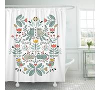 Emvency Shower Curtain Funny Swedish Folk Cartoon Cats Birds and Flowers Ethnic Waterproof Polyester Fabric 72 x 72 Inches Set with Hooks