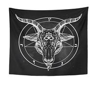 Emvency Tapestry Pentagram with Demon Baphomet Satanic Goat Head Binary Symbol Tattoo Retro Music Summer for Biker Black Home Decor Wall Hanging for Living Room Bedroom Dorm 50x60 inches