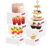 Emwel 6 Pcs Plinths Acrylic Food Risers - Clear White Dessert Stands for Buffet Table Display, Cupcake Tower, Cake Stand, Jewelry Show, Catering Events (8" + 7.5" + 7"+6.8"+6"+5")