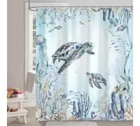 Emwnodti Sea Turtle Shower Curtain Coastal Beach Ocean Themed Bathroom Decoration, Underwater Marine Life Fish Jellyfish Coral Tropical Shower Curtain Sets with Hooks, 60x72 inches