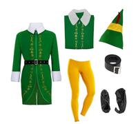 Emwwat Elf Costume, Christmas Elf Outfit with Shoes, Hats, Coat, Belt and Leggings for Men (Green, XL)