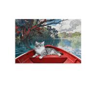 EMYXPAQM American Shorthair Cat Canvas Wall Art Red Boat Printed on Canvas Modern for Living Room Home Office Home Decor Gift 08x12inch(20x30cm)