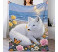 EMYXPAQM Arctic Fox Fleece Throw Blanket for Couch Sofa Bed All Season Crescent Moon Sea of Flowers Pattern Blanket Soft Warm Cozy Flannel Gifts for Couple Wife Husband 60x80inch(150x200cm)